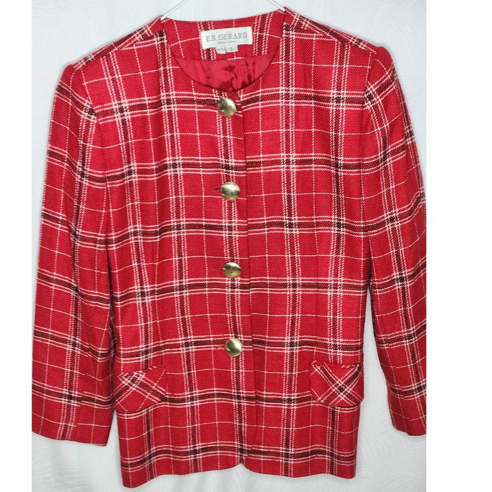 Vintage E.R. Gerard New York Red Plaid Blazer Gold Button ILGWU USA Size 6P